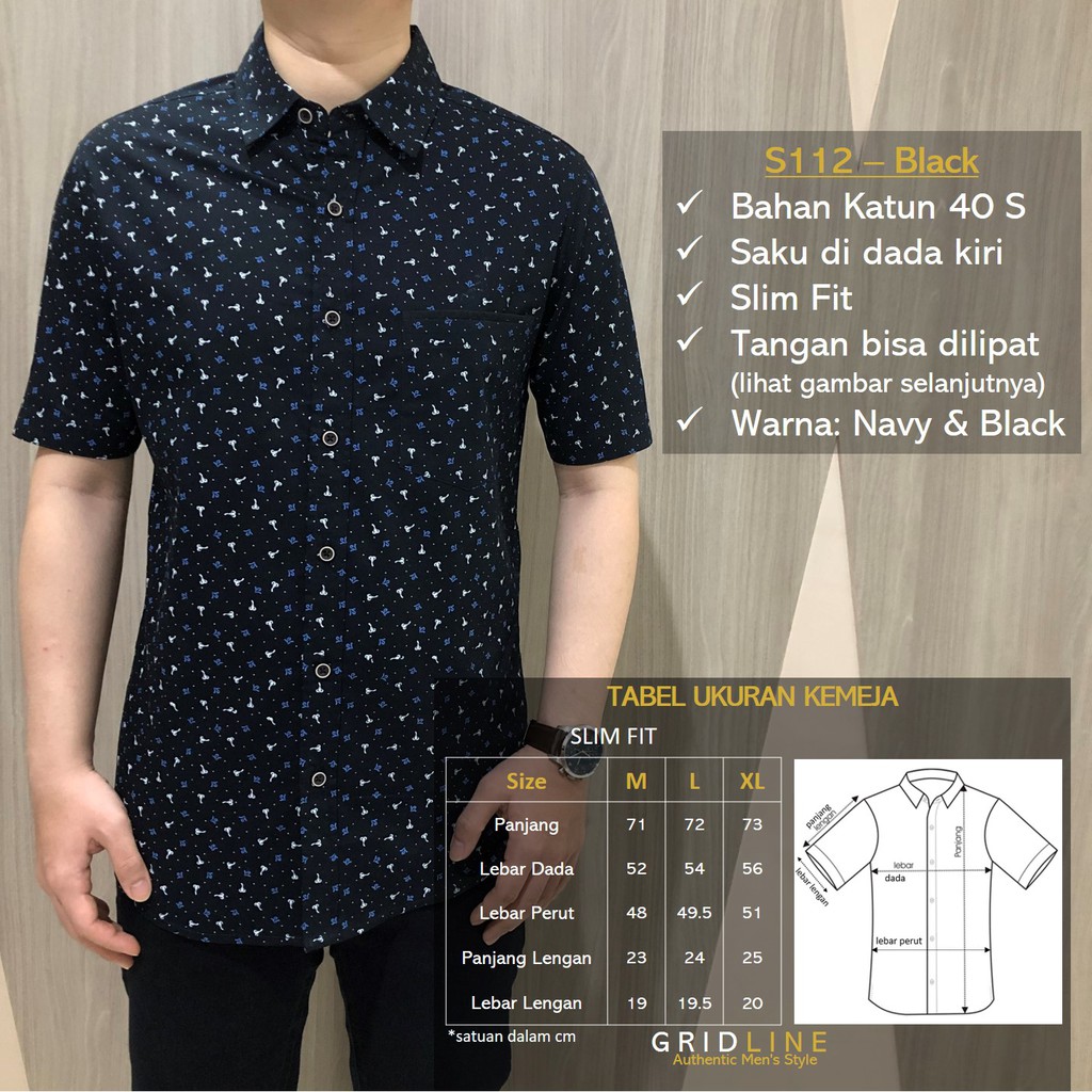 [GRIDLINE - S112 Navy &amp; Black] Kemeja Slimfit Pria Katun Lengan Pendek M-XXL