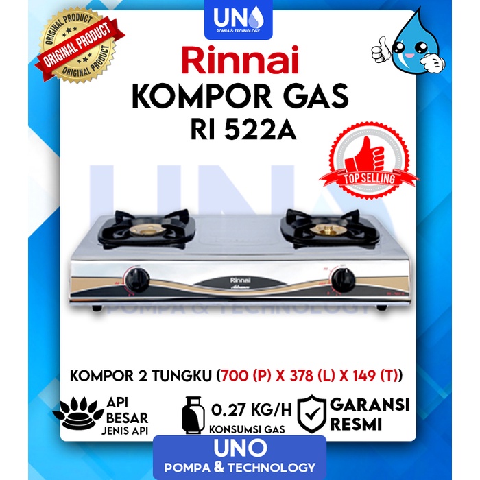 Rinnai Kompor Gas 2 Tungku Api Besar RI-522 A / RI522A / RI 522 A