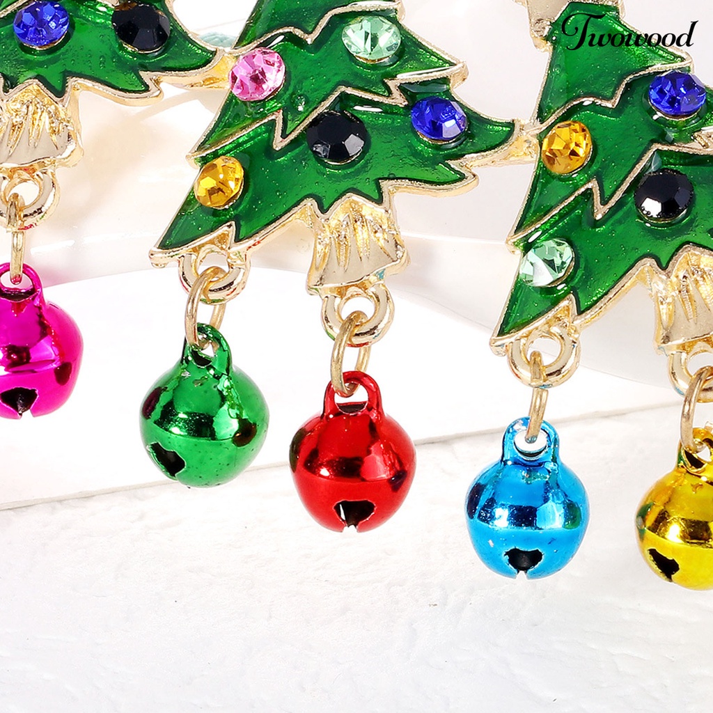 Twowood Christmas Tree Shape Brooch Pin Rhinestone Alloy Colorful Bells Pendant Enamel Pin Friends Gift