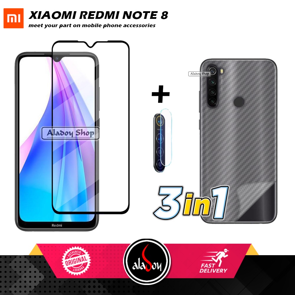 PAKET  3 IN 1 Tempered Glass Layar XIAOMI REDMI NOTE 8 Free Tempered Glass Camera dan Skin Carbon