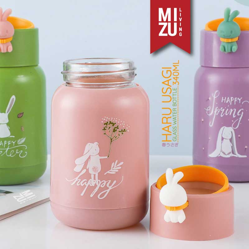 MIZU HARU USAGI Glass Water Bottle Botol Air Minum Kaca BPA-Free Tumbler Kelinci Anak