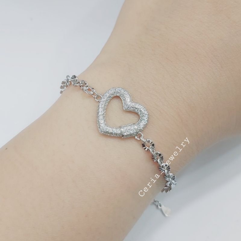 Gelang Perak Asli Silver Wanita 925 Lapis Emas Putih Model Love - Perhiasan Perak Wanita