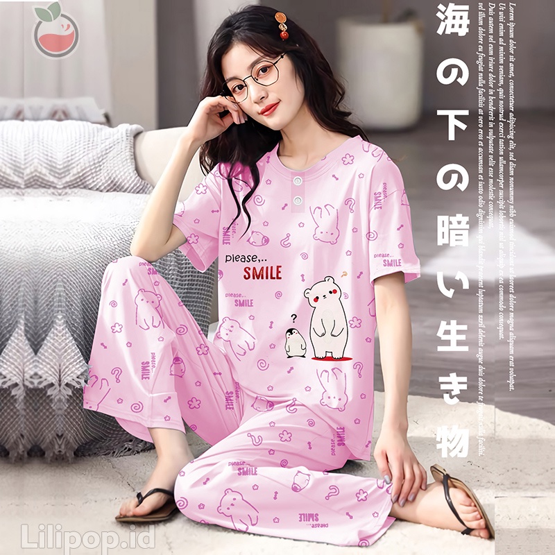 Baju Tidur Stelan Wanita Celana Panjang Dewasa Allsize Cp-Penguin pink muda