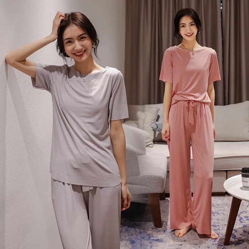 UNINICE Piyama impor Korea Selatan  set piyama wanita polos/setelan celana/Baju tidur/Setelan lenga/warna solid satu ukuran piyama set/Pakaian rumah yang nyaman, bernapas, dan menyegarkan