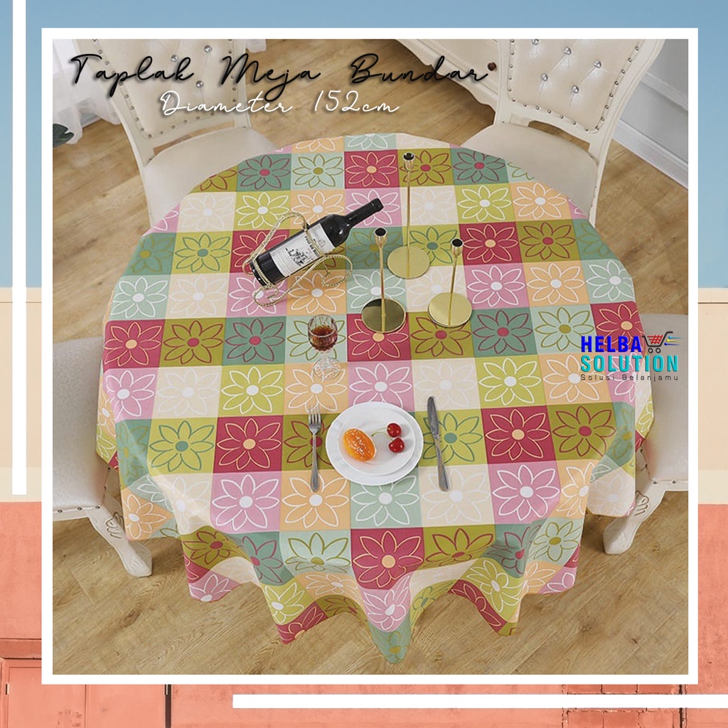 Taplak Meja Makan Ruang Tamu Bulat Anti Air Alas Meja Bundar Motif Elegan Kekinian Bahan Peva Table Cloth Waterproof