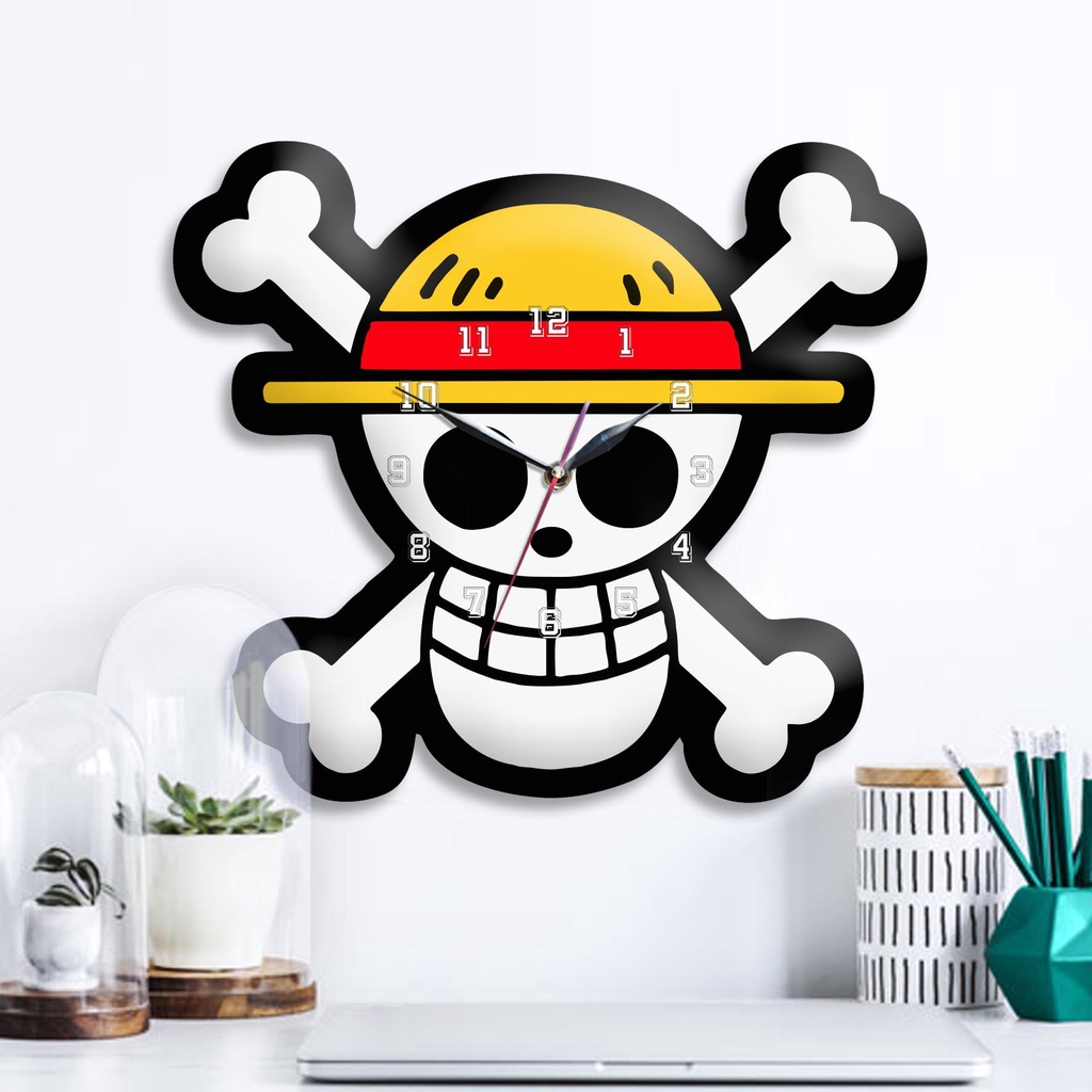 DEKORASI DINDING KAYU JAM UNIK MURAH TERBARU UKIRAN KARAKTER BESAR GAMBAR LOGO ONE PIECE TENGKORAK M