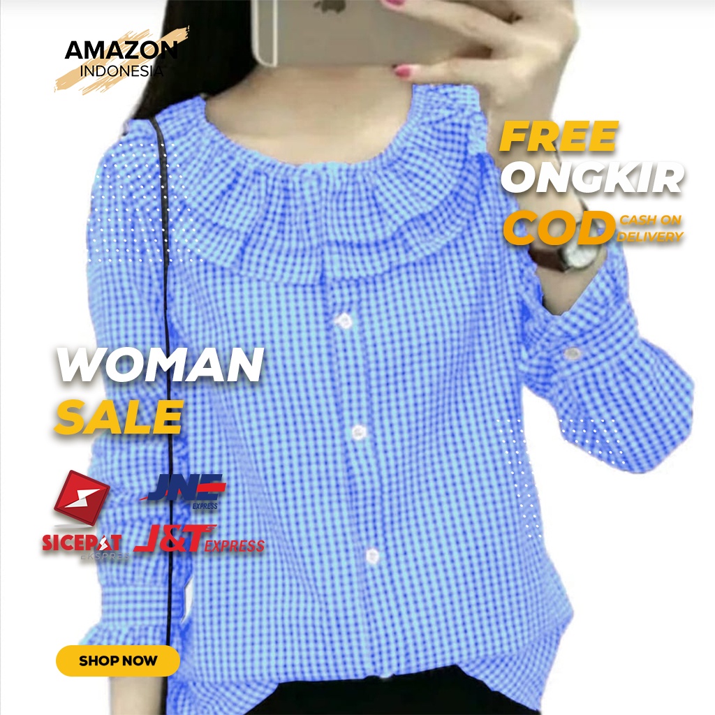 BLOUSE PAKAIAN WANITA CASUAL WARNA BLUE BIRU MOTIF KOTAK BAHAN KATUN ORIGINAL BEST QUALITY TERMURAH