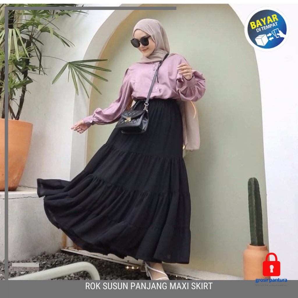 Rok Susun Panjang Maxi Skirt Bahan Moscrape Wanita Kekinian