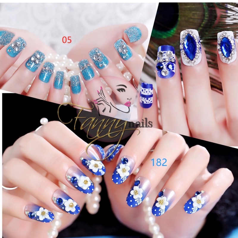 24PCS BLUE WEDDING FAKE NAILS KUKU PALSU WARNA BIRU PERNIKAHAN KUPAL WEDDING RHINESTONE