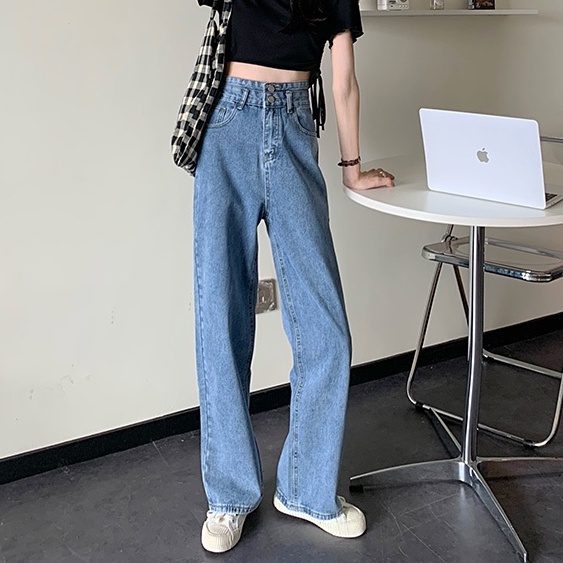 semua pertandingan lebar leg high-waist celana denim lurus-kaki wanita Korea