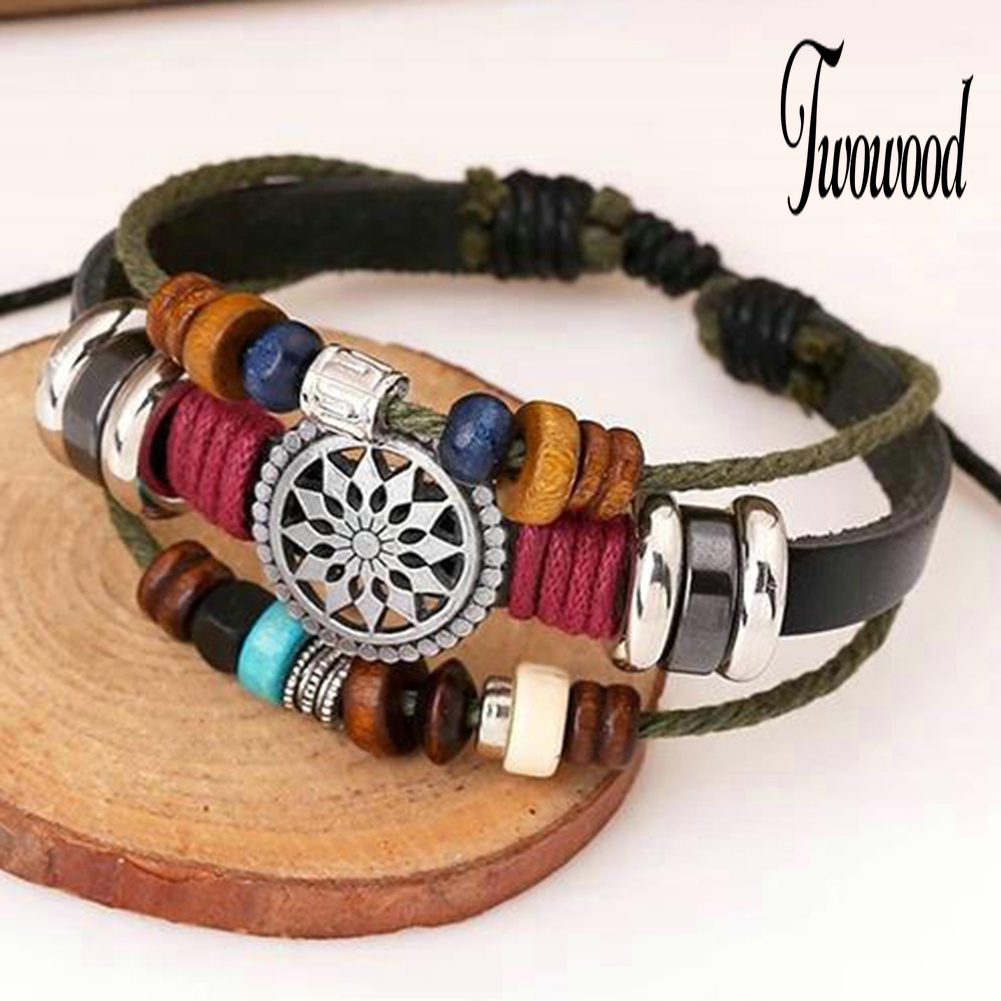 Gelang Tali Kulit Adjustable Multilayer Aksen Manik-Manik Gaya Boho Untuk Wanita