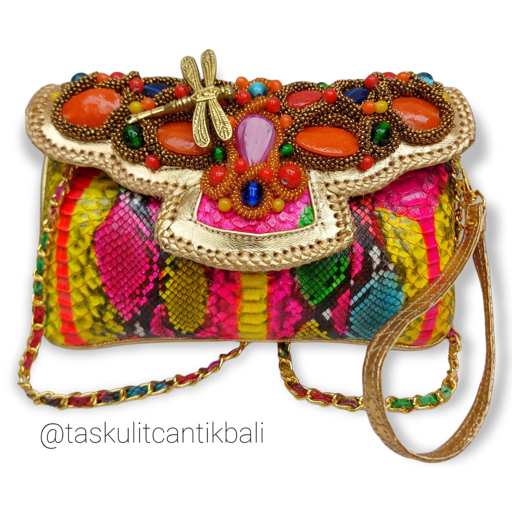 Clutch Pesta Raisa Size S Multi Color - Clutch Model Kipas Asli Tas Kulit Ular Piton