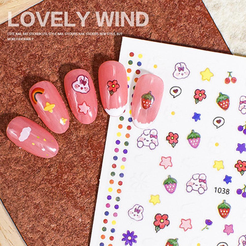 AUGUSTINA Agustina Stiker Kuku Bunga Segar Wanita Gadis 3D DIY Perekat Diri Beruang Kelinci Manicure Aksesoris