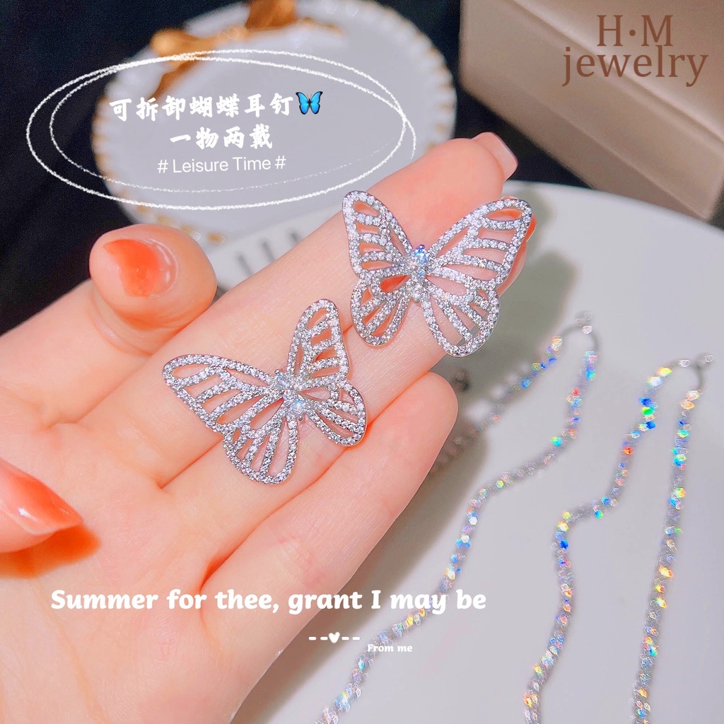 Butterfly Set Kalung + Anting Tusuk Motif Kupu-Kupu Aksen Rumbai Dapat Dilepas Untuk Wanita Butterfly