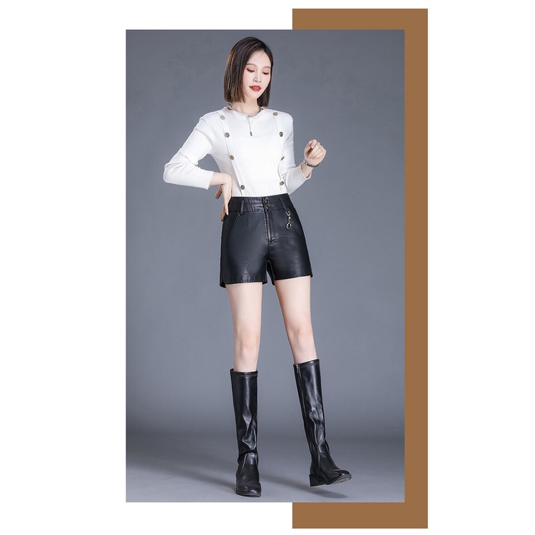 Celana Kulit PU Pendek Wanita Pinggang Tinggi Hitam Musim Semi, Musim Gugur dan Musim Dingin Celana Bot Celana Kulit Lurus Ropa Mujer Terbaru Celana Seksi Model Korea Style Terkini