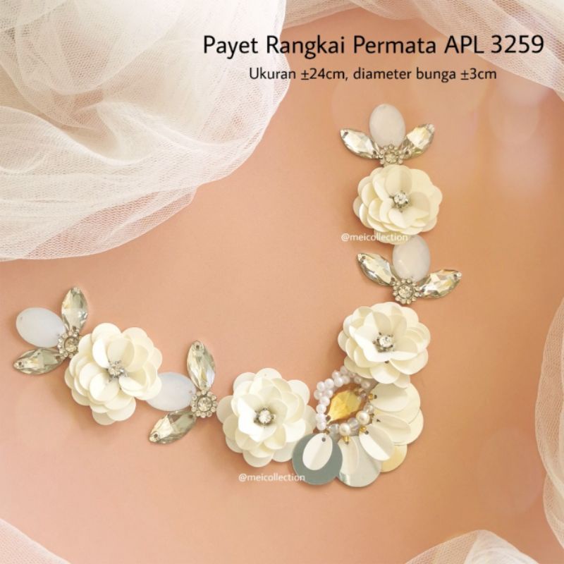 Payet Rangkai Leher Bunga 3D APL 3259 off white kebaya gamis pesta