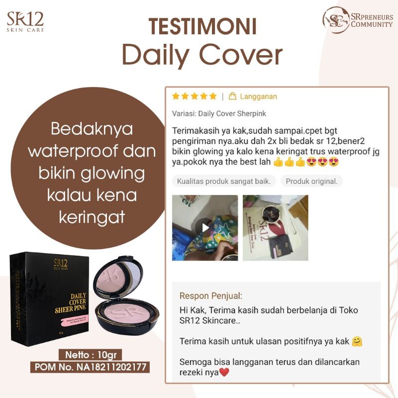 Bedak Padat SR12 Daily Cover Natural Sheerpink Beige - Compact Powder Bedak Glowing Tahan Air dan Keringat