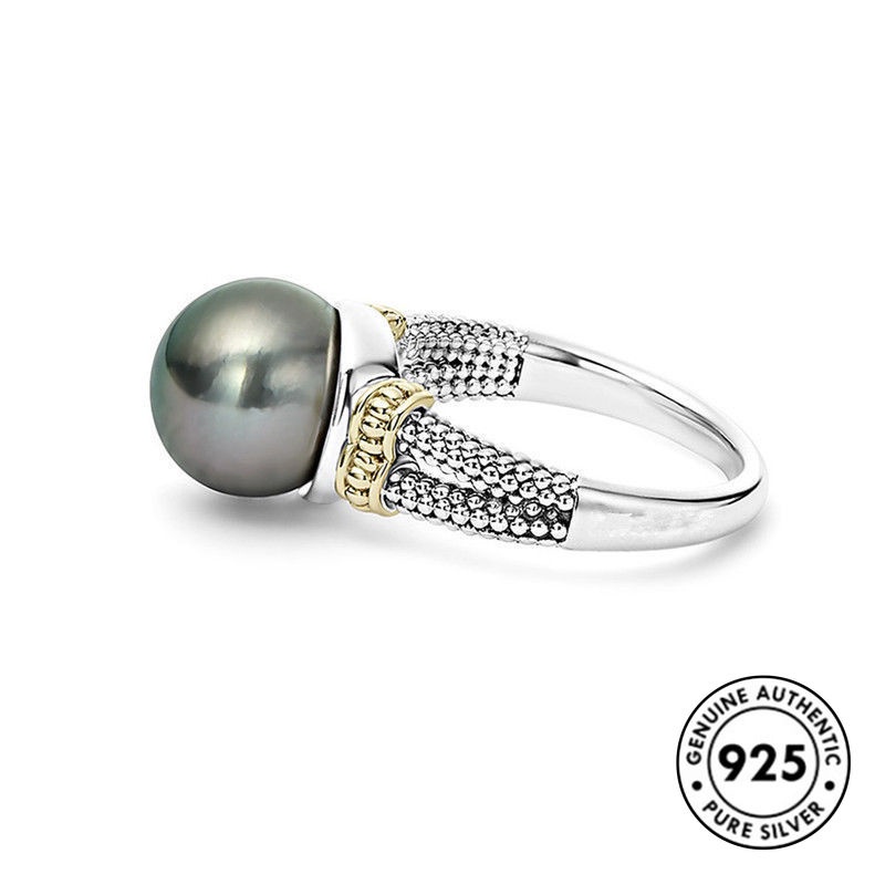 Cincin Mutiara Bulat Warna Abu-Abu Bahan S925 Silver