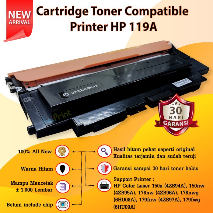 Cartridge Toner Compatible 119A - Printer HP Color Laser 150a 150nw MFP 178nw 179nw 179fnw 179fwg