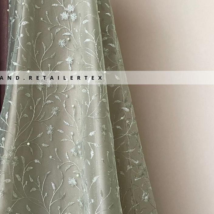 ☎ Kain Bahan Kebaya Brokat Tile Mutiara Lotus New Series Warna Sage Green ✈
