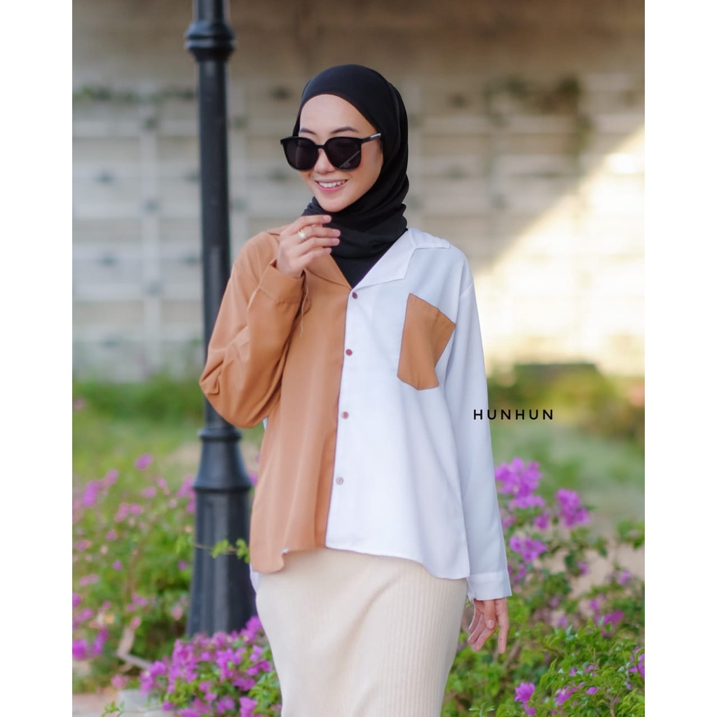 CUCI GUDANG!! Kemeja Wanita KEMEJA TWO TONE Kemeja Twotone Wanita Atasan Blouse  Kemeja Kombinasi Wanita Kemeja Warna Warni Kemeja Dua Warna Blouse Casual