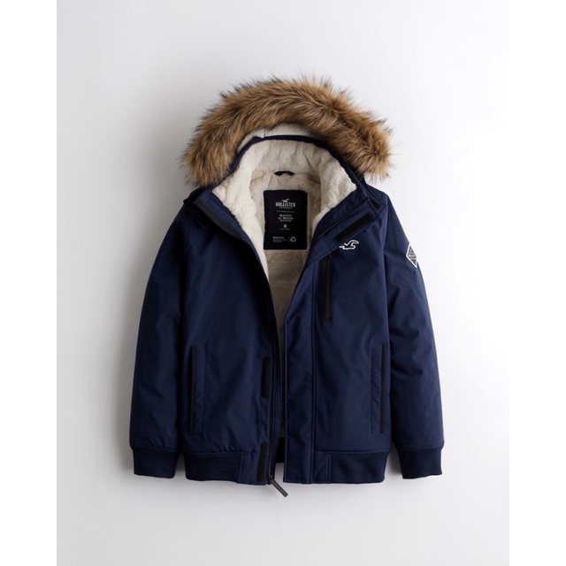 Hollister Faux Fur Lined All Weather Bomber Jacket Navy Winter Salju