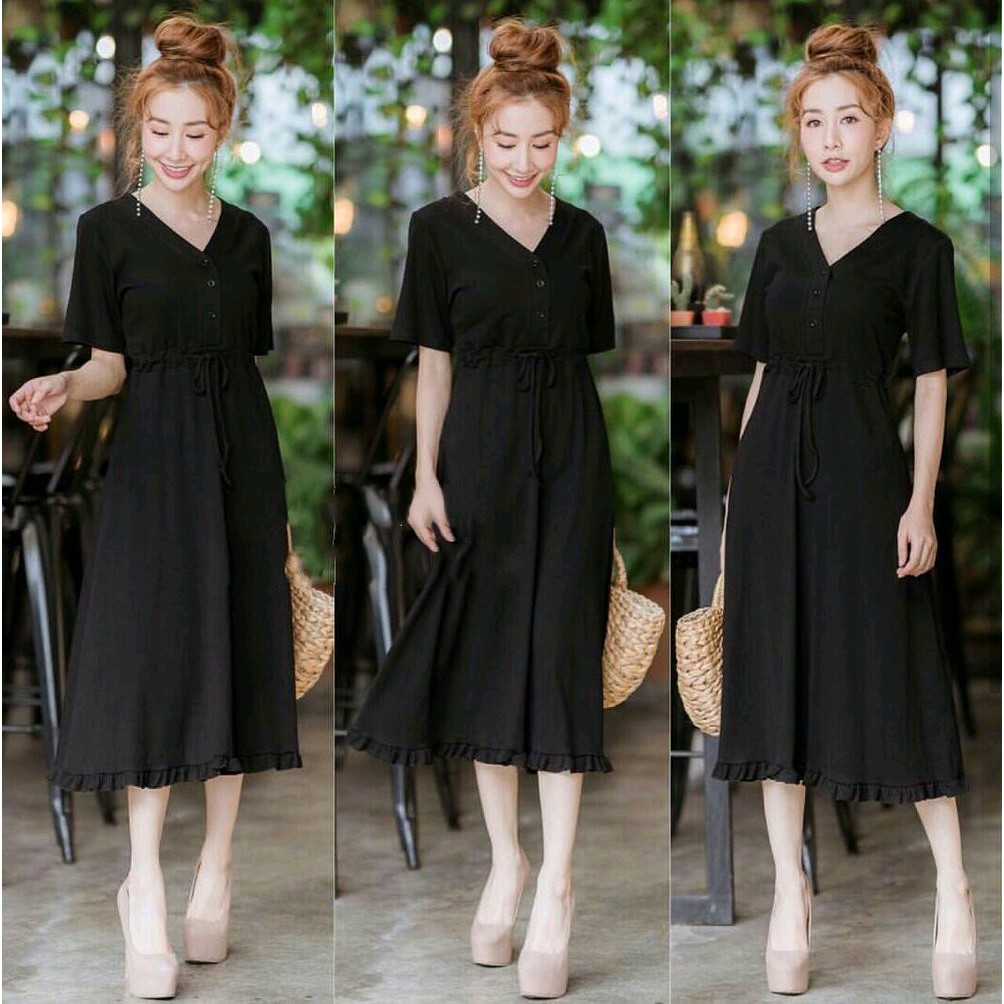 GL Dresis black Baju dress wanita cewe lengan pendek polos elegant pesta pernikahan kondangan Murah