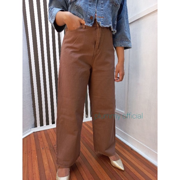 Celana Penjang Jeans Wanita Highwaist Loose Kulot Cream Khaki Latte Fashion