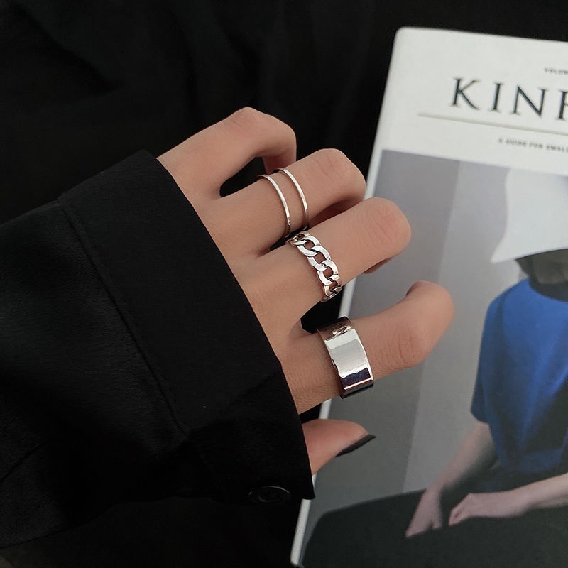 Set Cincin Model Terbuka Dapat Disesuaikan Warna Silver Gaya Korea Punk Untuk Wanita