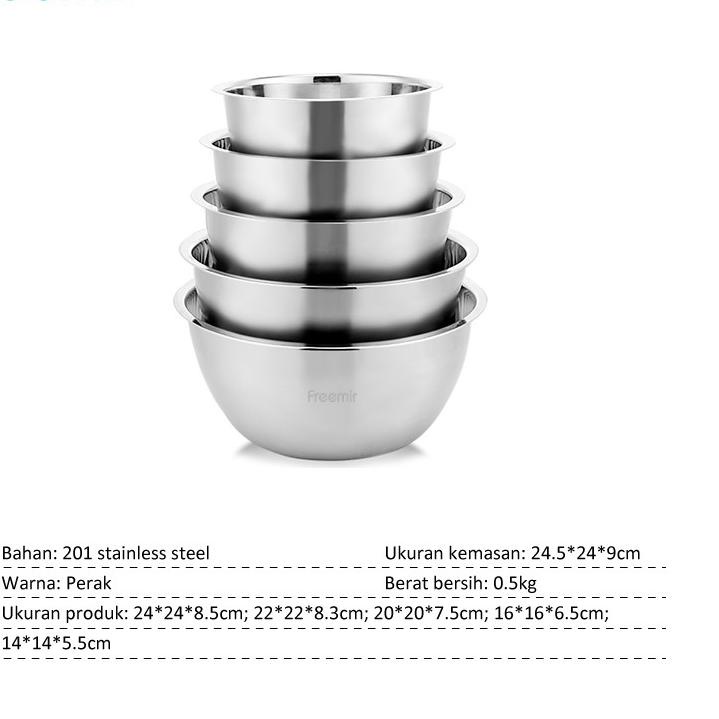 Paling Dicari.. freemir  5 Pcs Mixing Bowl Set Baskom Stainless Steel Tebal Skala Pengukuran Mangkuk