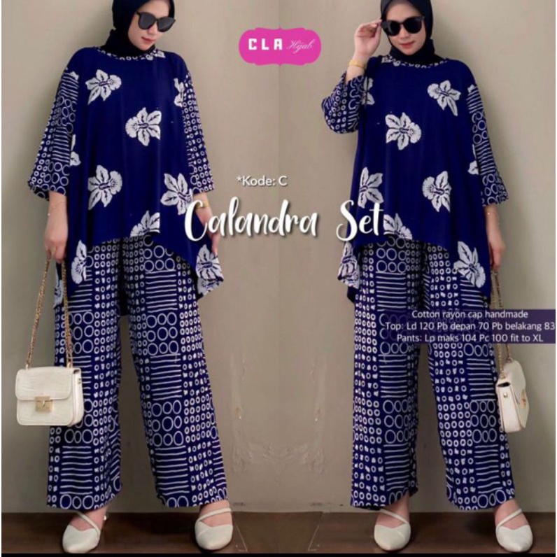 Setelan Rayon Blus Asimetris Celana Panjang Karet Tejo Caping Setcel Motif Corak Lengan Balon Oneset