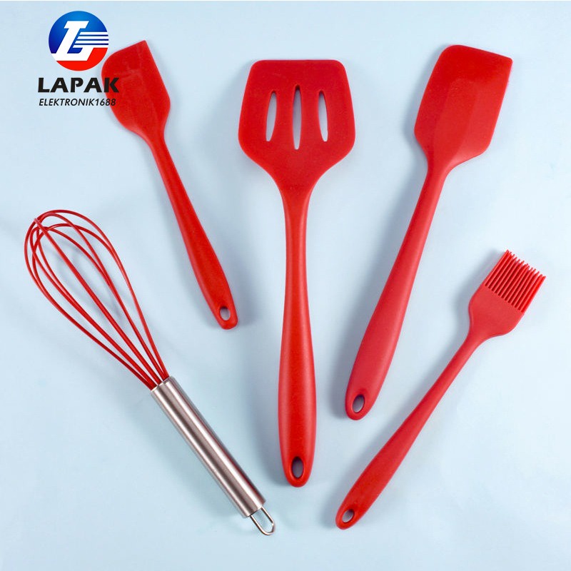 Spatula Set Alat Masak 5 in 1 Sutil Scrap Kocokan Silicone/Silikon - pink-4