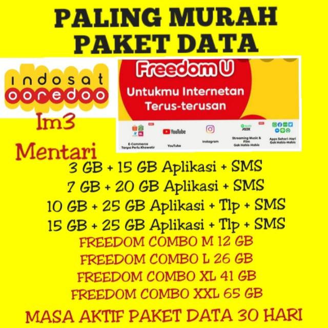 PAKET DATA INTERNET MURAH INDOSAT FREEDOM U  1GB  2GB 3GB 7GB 10GB 15GB DAN COMBO M 12GBmk.m.