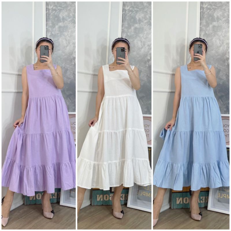 ⚡️ SALE ⚡️ PREMIUM ♡ ORIGINAL ! LIVIANNE VINTAGE LESS SLEEVE TRAP LAYER FLARE MIDI DRESS OVERALL OUTER ( BUMIL &amp; HIJAB FRIENDLY )
