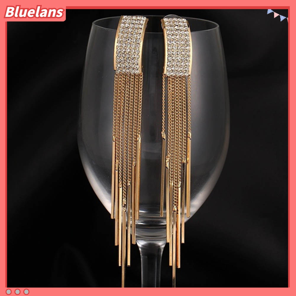 Anting Stud Juntai Panjang Hias Berlian Imitasi Untuk Wanita