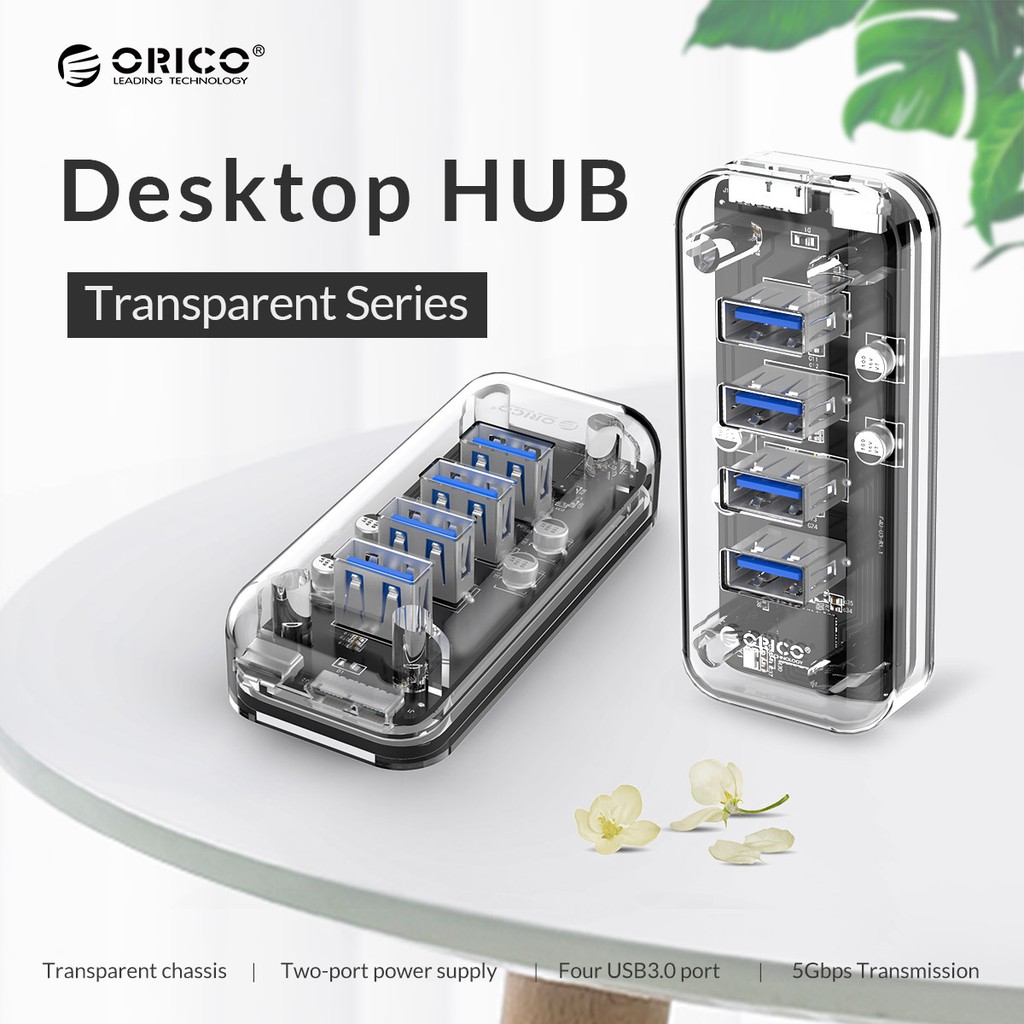 Usb-A 3.0 hub orico 4 Port mini Transparent 5Gbps with Micro usb power f4u-u3 - Terminal usb3.0 transparan 4 slot