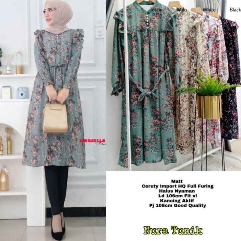 Tunik Araza Ceruty Import full furing LD 106 Pj 108 fit XL Motif Bunga Ori by MARSELA