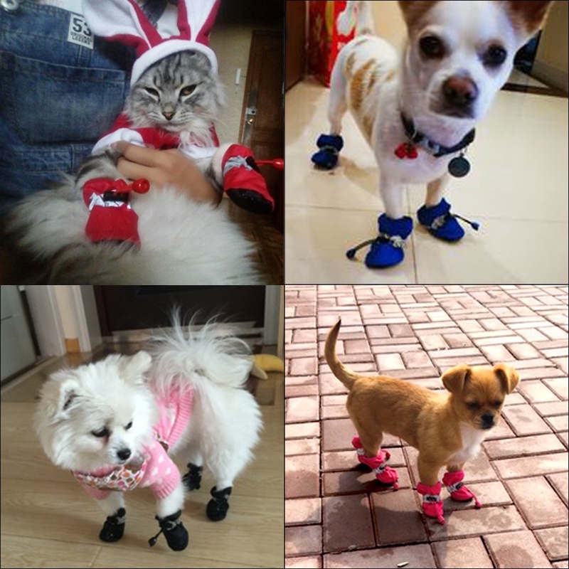 【Yayapet】4Pcs Sepatu Boots Anjing / Kucing Tebal Anti Slip / Air untuk Musim Dingin