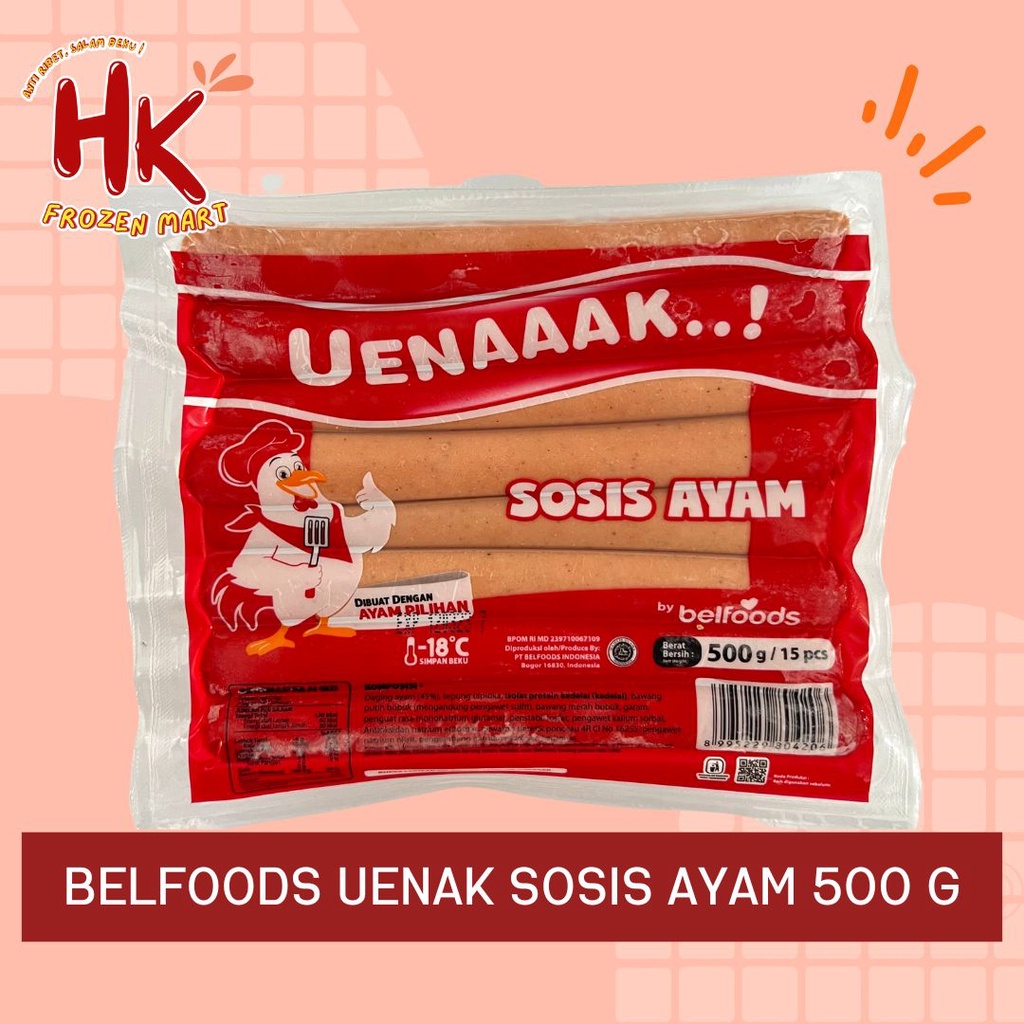 

Belfoods Uenaaak Sosis Ayam 475g isi 15 btg (chicken sausages uenak) / HK Frozen Mart