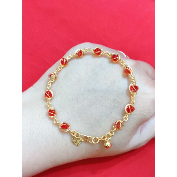 GELANG DEWASA PERAK 925 LAPIS EMAS 24K MODEL KRISTAL MERAH DALAM SANGKAR