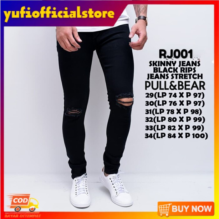 Celana Jeans Sobek Pria Premium - Skinny jeans (hitam/putih/navy) - Biru, 32 [YST]