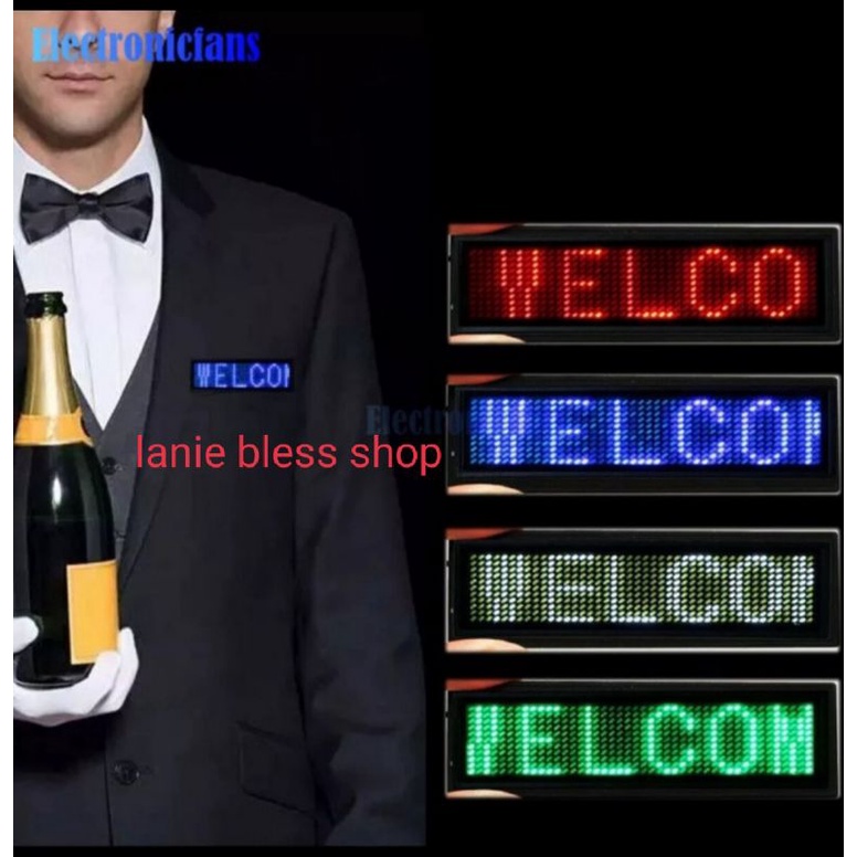 

LED name badge tag ID card.pesan berjalan custom programable.pricelist