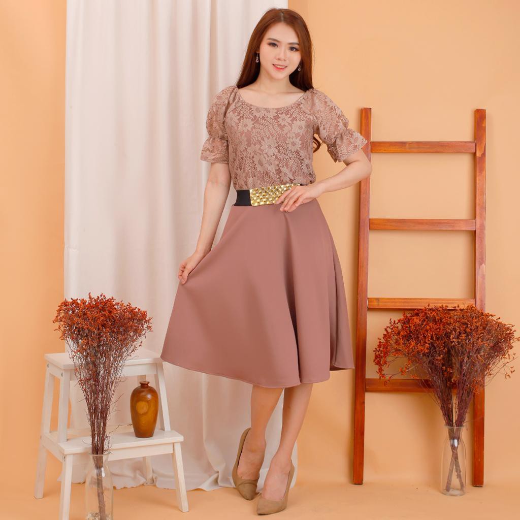 Kathryn collection #144 , DRES ROK MEKAR SCUBA IMPORT PREMIUM KOMBINASI BRUKAT GLITER FREE BELT