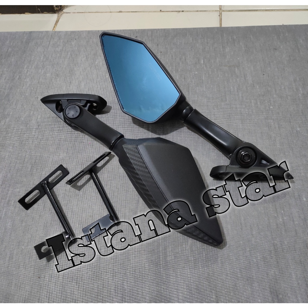 Spion R25 Tangkai Pendek Kaca Biru - Spion Carbon R25 pendek