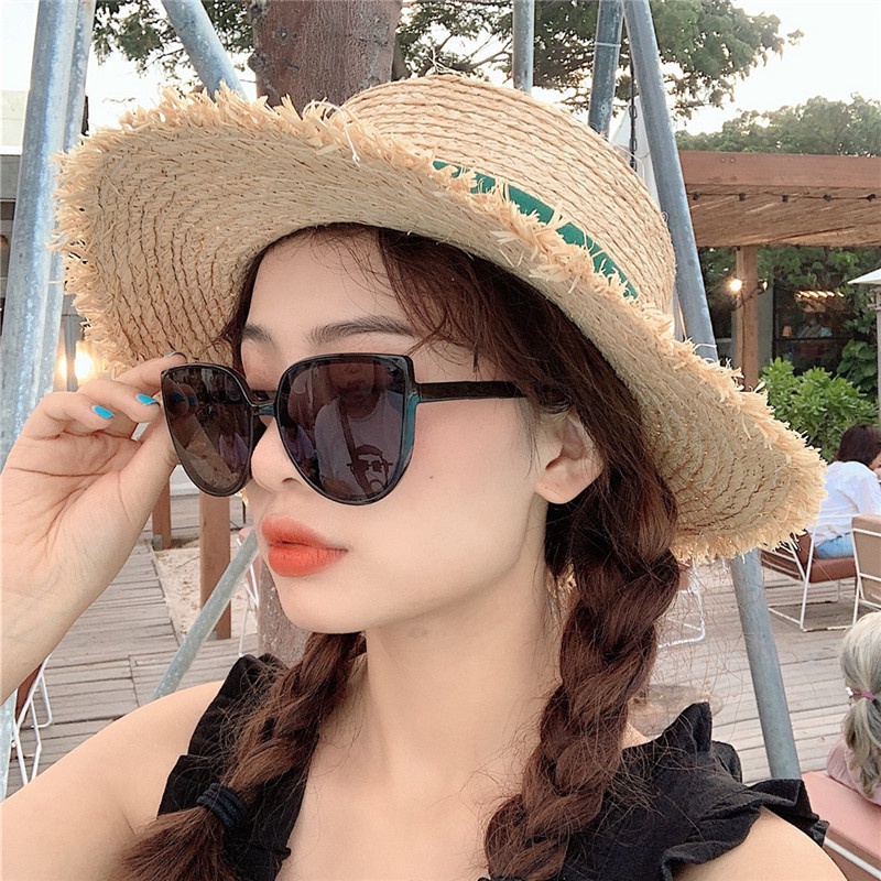 (YUZHU) INS Style Personality Cat Eye Sunglasses Milk Tea Color Sunglasses Oversized Frame UV Protection Sunglasses Women