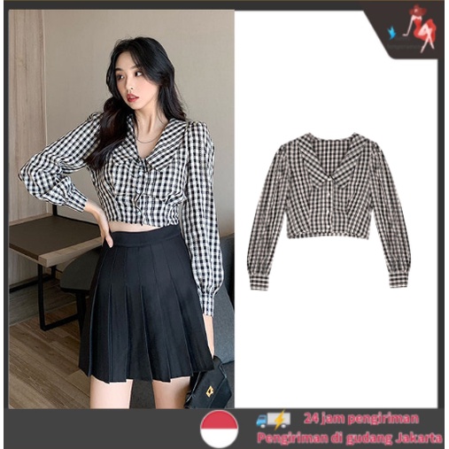 Korean Crop Top V Neck Kemeja Crop Wanita Lengan Panjang atasan wanita blouse  gardigan wanita