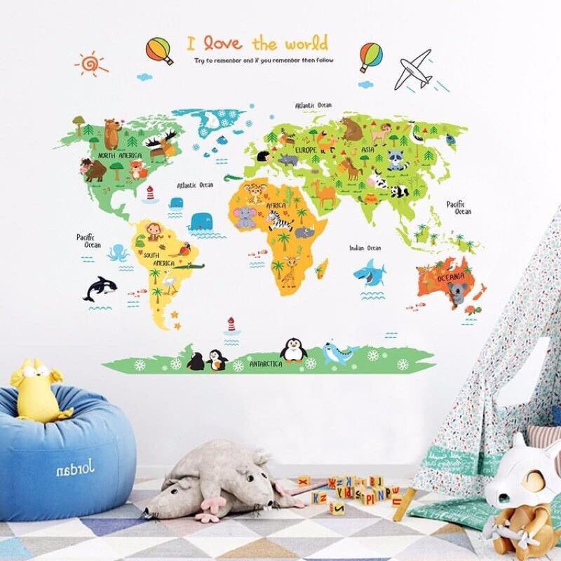 STIKER DINDING DEKORASI KAMAR INTERIOR RUANGAN BELAJAR BERMAIN ANAK BAYI PETA DUNIA I LOVE THE WORLD
