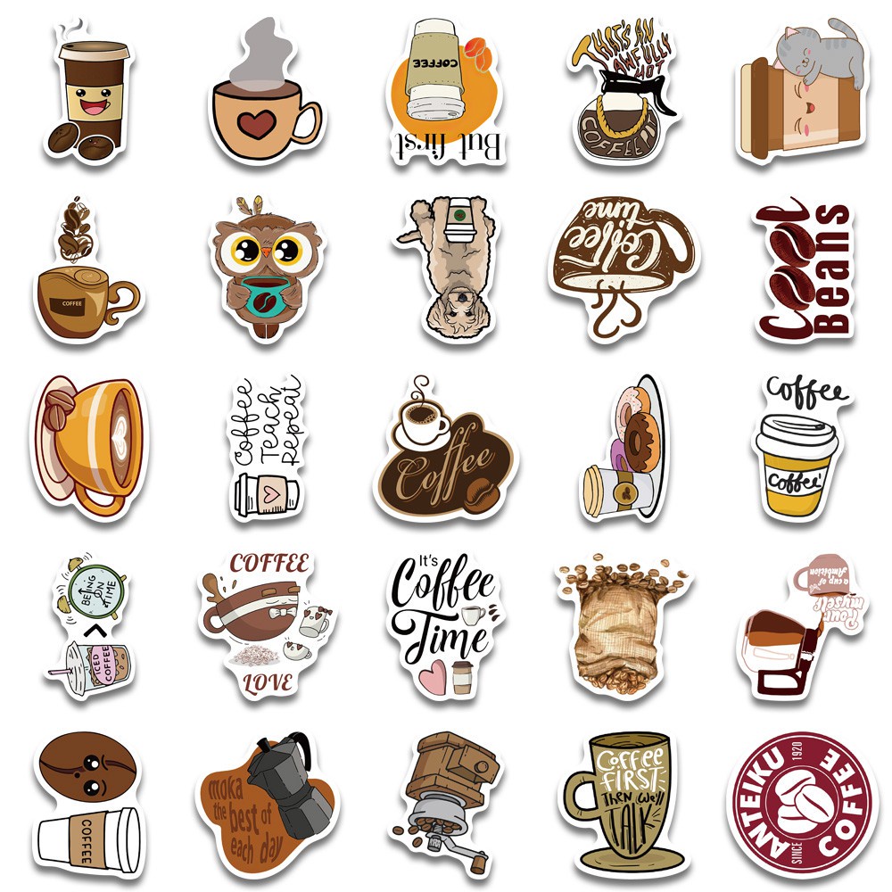 50pcs Cartoon Coffee Graffiti Sticker Line Waterproof Suitcase Motorcycle Notebook Skateboard Decoration Classic Toy Sticker