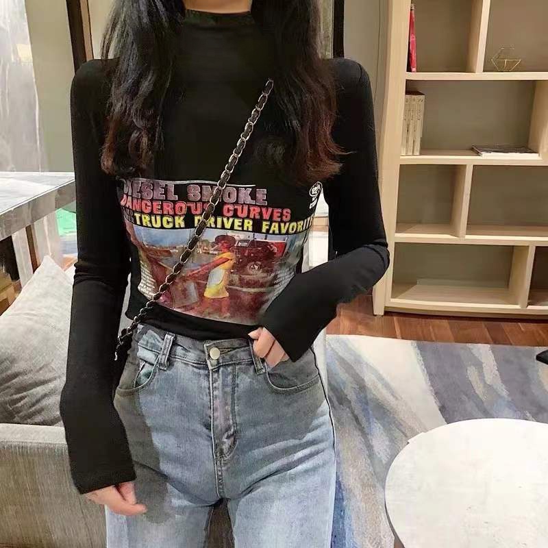 yikoo-Kaos wanita casual print t shirt atasan lengan panjang korea