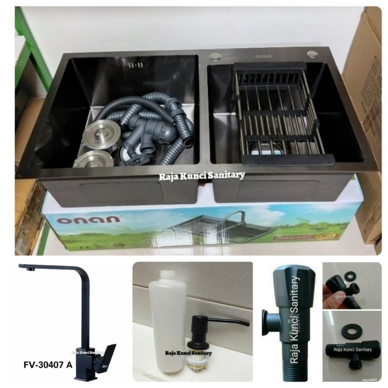 Paket Lengkap Kitchen Sink Onan 8245 Hitam Black + Kran Kotak Segi Panas Dingin Hitam Black/Stainless